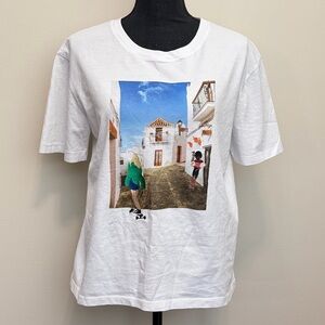 Zara Spanish Village Street Graphic Tee Women L White Cotton T-Shirt Embroidered